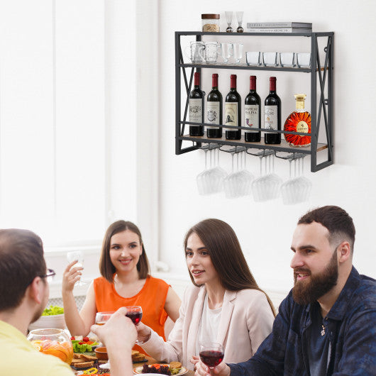 Costway 3-Tiers Industrial Wall Mounted Wine Rack with Glass Holder and Metal Frame