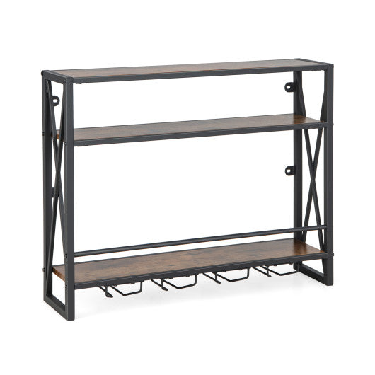 Costway 3-Tiers Industrial Wall Mounted Wine Rack with Glass Holder and Metal Frame