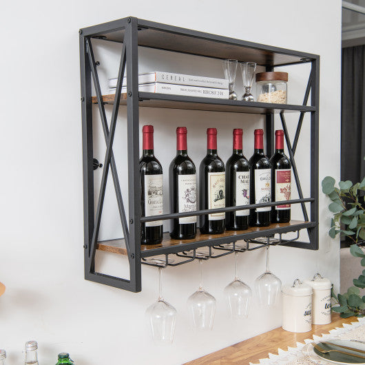 Costway 3-Tiers Industrial Wall Mounted Wine Rack with Glass Holder and Metal Frame