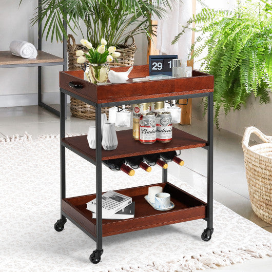 Costway 3 Tiers Kitchen Island Serving Bar Cart with Glasses Holder and Wine Bottle Rack
