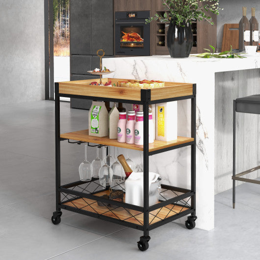 Costway 3 Tiers Natural Industrial Bar Serving Cart with Utility Shelf and Handle Racks