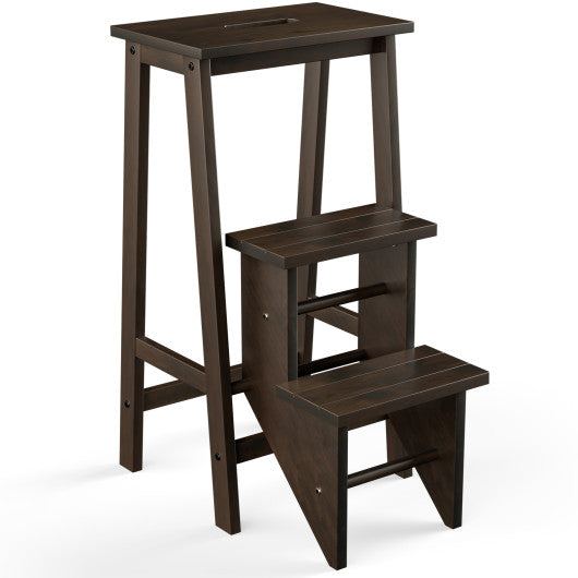 Costway 3-in-1 Brown Rubber Wood 3 Tier Folding Step Stool Ladder Storage Shelf