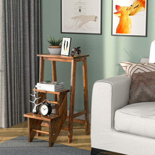 Costway 3-in-1 Coffee Rubber Wood 3 Tier Folding Step Stool Ladder Storage Shelf