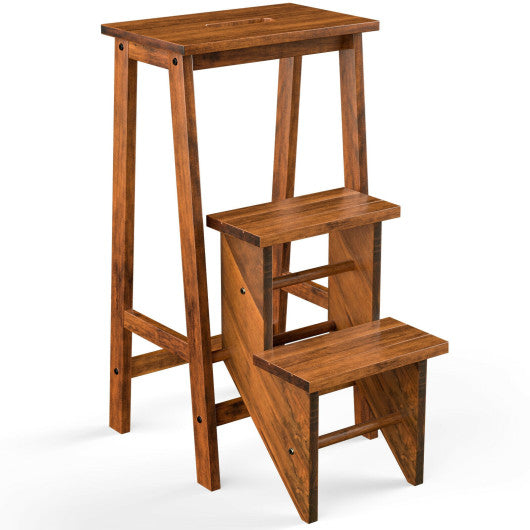 Costway 3-in-1 Coffee Rubber Wood 3 Tier Folding Step Stool Ladder Storage Shelf