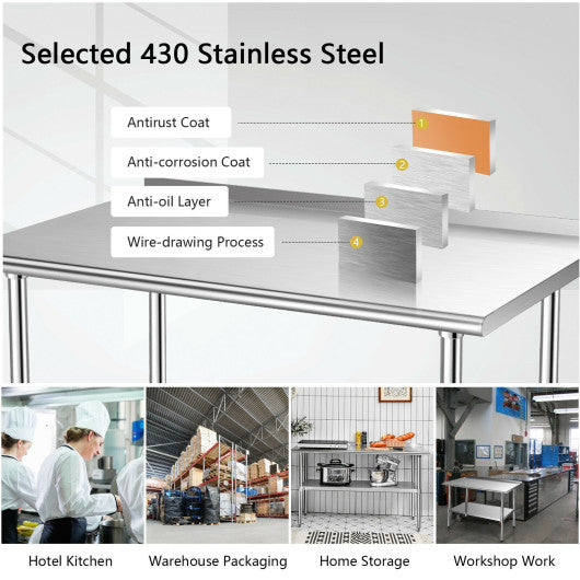Costway 30" x 48" Stainless Steel Table for Prep and Work with Backsplash