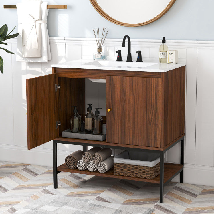 Costway 31" Bathroom Vanity Sink Combo with Doors and Open Shelf