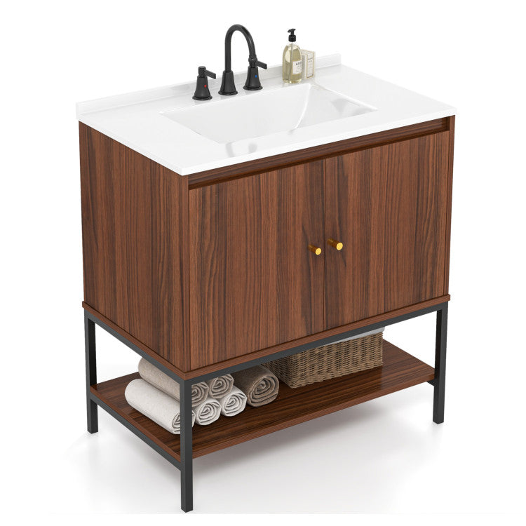 Costway 31" Bathroom Vanity Sink Combo with Doors and Open Shelf