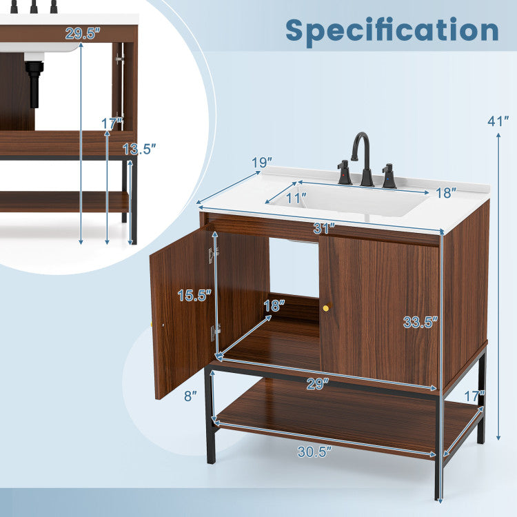Costway 31" Bathroom Vanity Sink Combo with Doors and Open Shelf