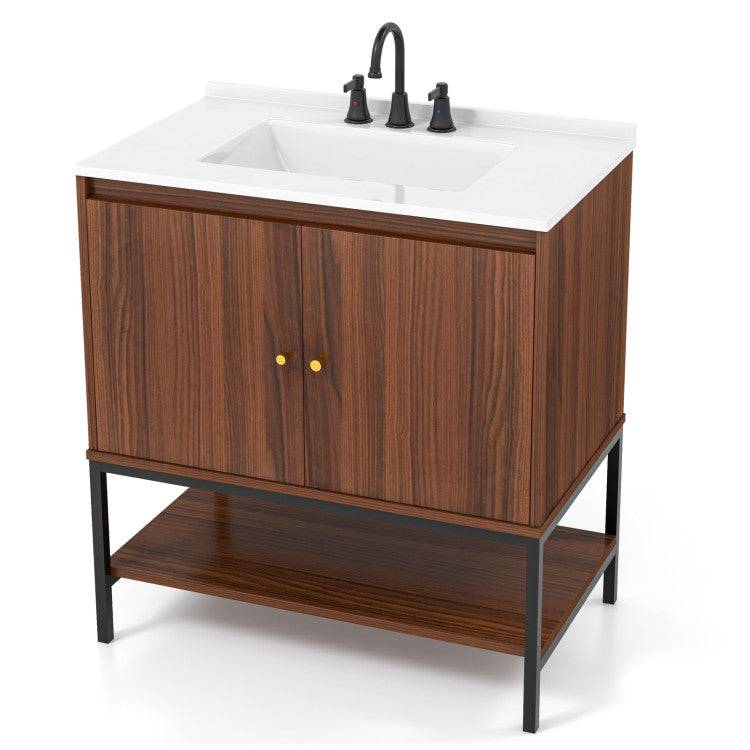 Costway 31" Bathroom Vanity Sink Combo with Doors and Open Shelf