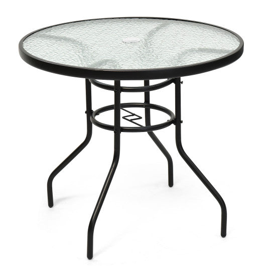 Costway 32" Patio Tempered Glass Steel Frame Round Table with Convenient Umbrella Hole
