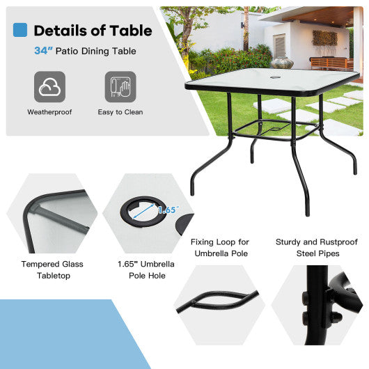 glass patio tables with umbrella hole Costway 35" Patio Dining Square Tempered Glass Table with Umbrella Hol – Kitchen Oasis