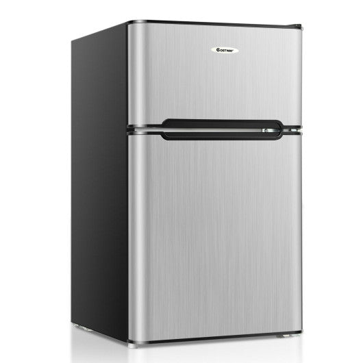 Costway 3.3 Cubic Feet Silver Compact Refrigerator with Freezer 2 Reversible Door Mini Fridge