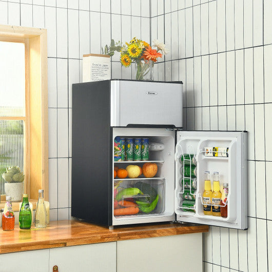 Costway 3.3 Cubic Feet Silver Compact Refrigerator with Freezer 2 Reversible Door Mini Fridge