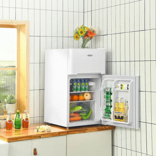 Costway 3.3 Cubic Feet White Compact Refrigerator with Freezer 2 Reversible Door Mini Fridge