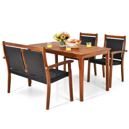 Costway 4 Pieces Acacia Wood Patio Rattan Dining Furniture Set