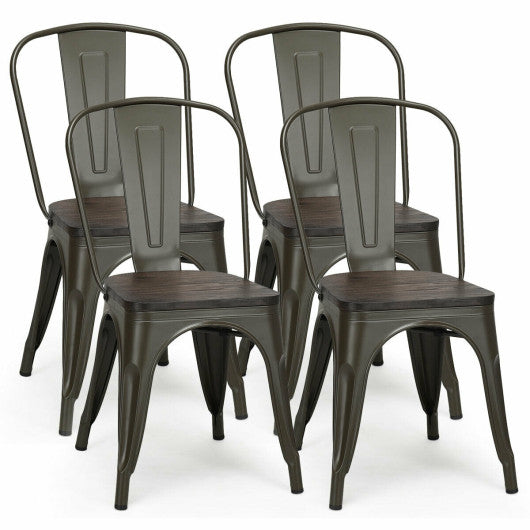 Costway 4 Pieces Black Tolix Style Metal Dining Side Chair Stackable Wood Seat