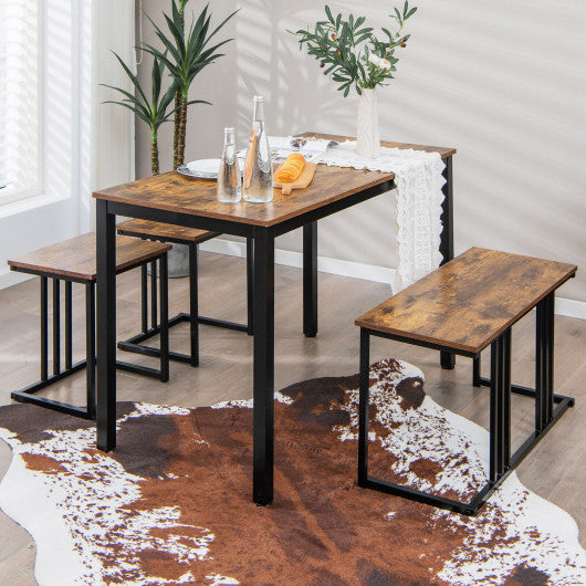 Costway 4 Pieces Brown Industrial Dining Table Set with Bench and 2 Stools