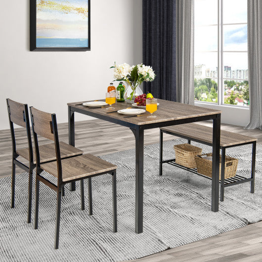 Costway 4 Pieces Gray Rustic Dining Table Set with 2 Chairs and Bench