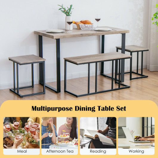 Costway 4 Pieces Oak Industrial Dinette Set with Bench and 2 Stools