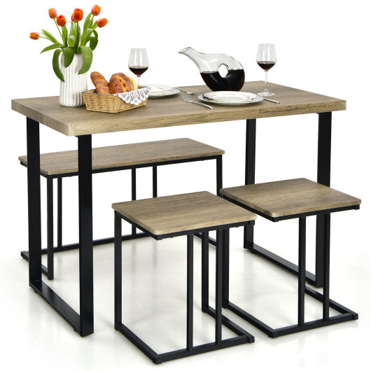 Costway 4 Pieces Oak Industrial Dinette Set with Bench and 2 Stools