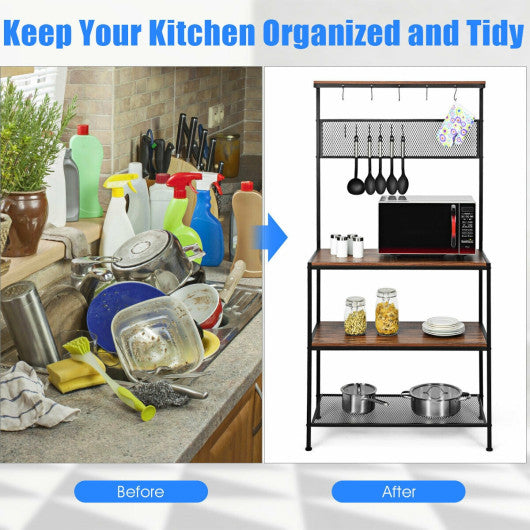 Costway 4-Tier Kitchen Rack Stand with Hooks and Mesh Panel