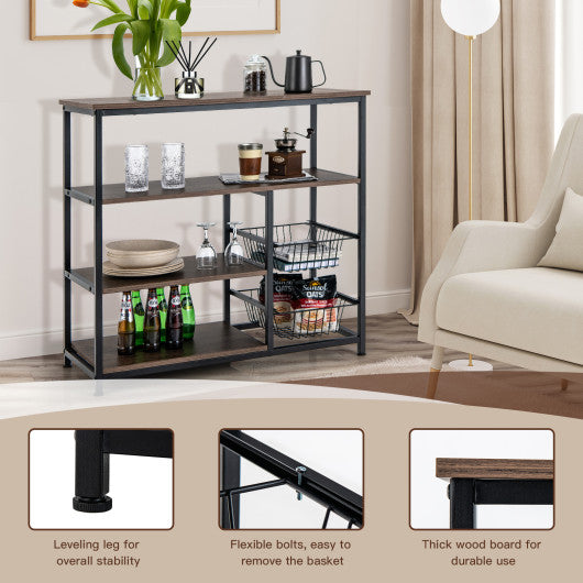 Costway 4-Tier Rustic Brown Industrial Kitchen Baker's Rack with 2 Wire Baskets