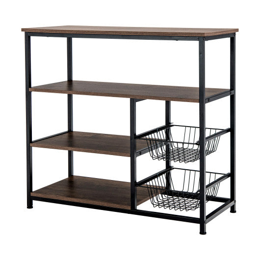 Costway 4-Tier Rustic Brown Industrial Kitchen Baker's Rack with 2 Wire Baskets