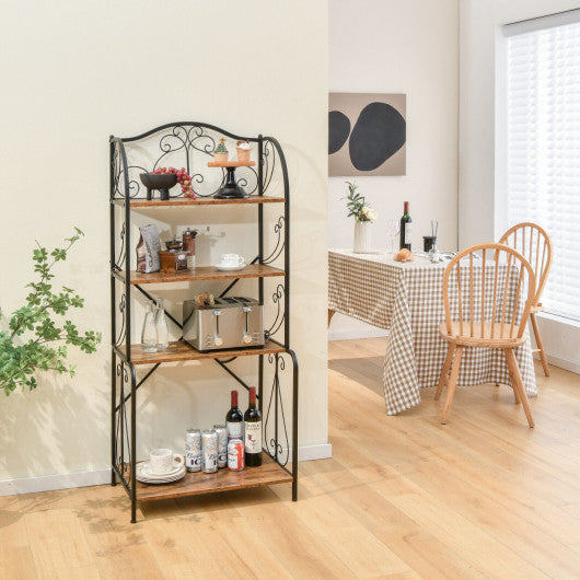 Costway 4 Tier Rustic Brown Industrial Kitchen Baker s Rack with Open Shelves and X Bar