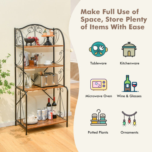 Costway 4-Tier Rustic Brown Industrial Kitchen Baker's Rack with Open Shelves and X-Bar