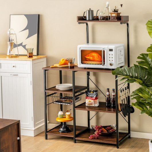 Costway 4-tier Dark Brown Kitchen Baker's Rack with Basket and 5 Hooks