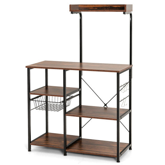 Costway 4-tier Dark Brown Kitchen Baker's Rack with Basket and 5 Hooks