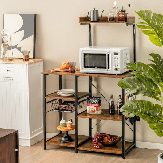Costway 4-tier Rustic Brown Kitchen Baker's Rack with Basket and 5 Hooks