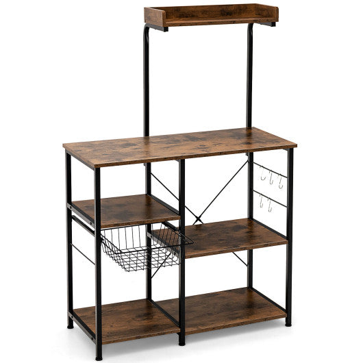 Costway 4-tier Rustic Brown Kitchen Baker's Rack with Basket and 5 Hooks