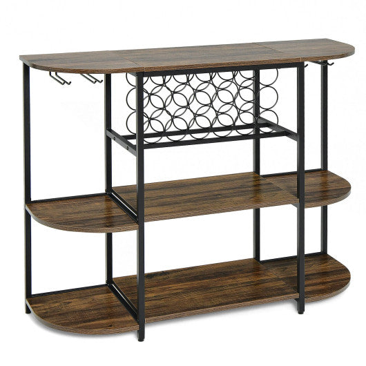 Costway 47" Rustic Brown Wine Rack Table with Glass Holder and Storage Shelves