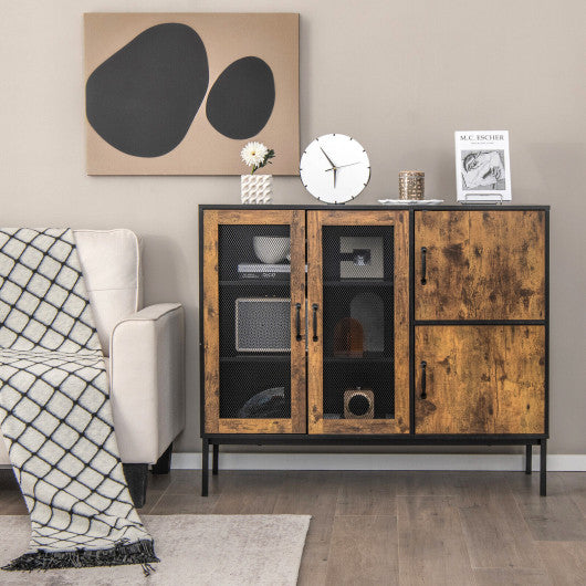 Costway 48" Brown Industrial Kitchen Buffet Sideboard with Metal Mesh Doors and Anti-Toppling Device