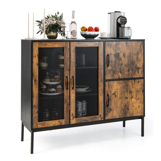 Costway 48" Brown Industrial Kitchen Buffet Sideboard with Metal Mesh Doors and Anti-Toppling Device