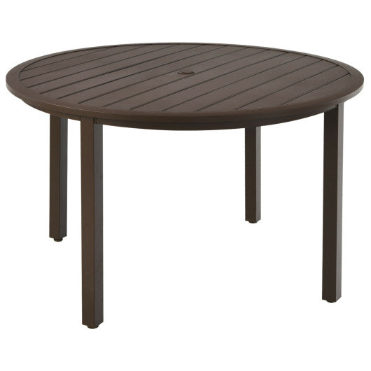 Costway 49" Brown Round Patio Dining Table Metal Slatted Table with Umbrella Hole
