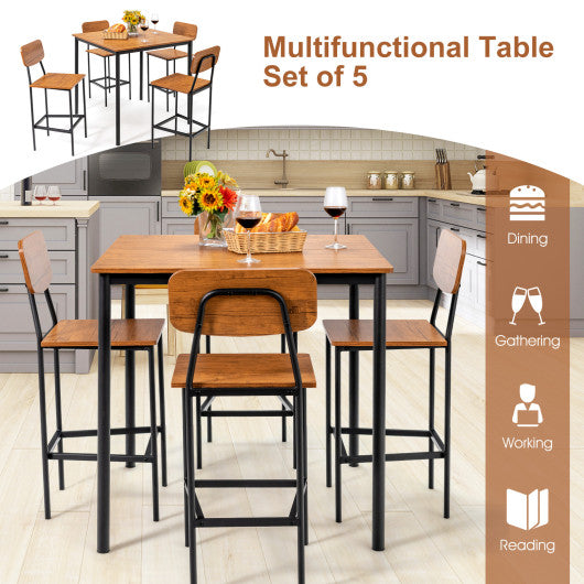Costway 5-Piece Walnut Industrial Dining Table Set with Counter Height Table and 4 Bar Stools