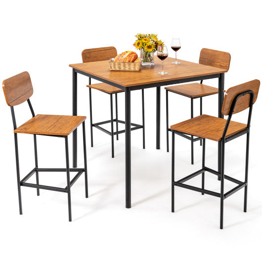 Costway 5-Piece Walnut Industrial Dining Table Set with Counter Height Table and 4 Bar Stools