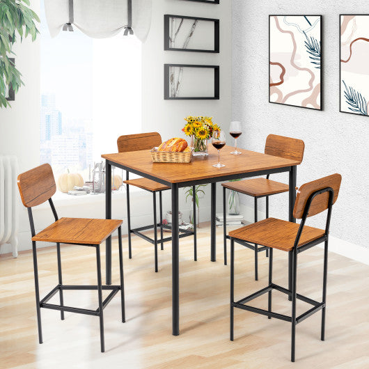 Costway 5-Piece Walnut Industrial Dining Table Set with Counter Height Table and 4 Bar Stools