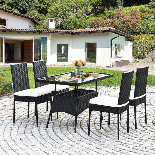 Costway 5 Pieces Outdoor Patio Rattan Dining Set with Glass Top with Cushions