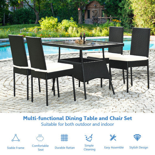 Costway 5 Pieces Outdoor Patio Rattan Dining Set with Glass Top with Cushions