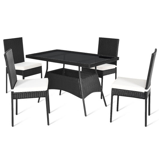 Costway 5 Pieces Outdoor Patio Rattan Dining Set with Glass Top with Cushions