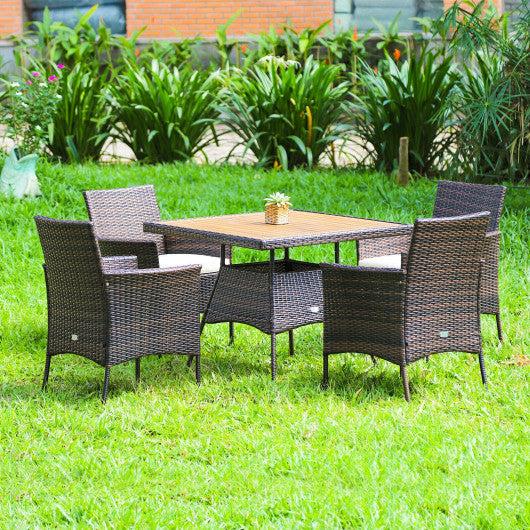 Costway 5 Pieces Patio Rattan Dining Furniture Set with Arm Chair and Wooden Table Top