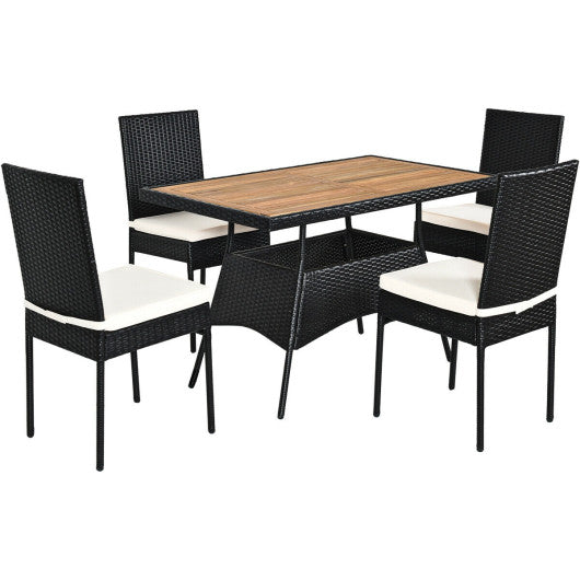 Costway 5 Pieces Patio Rattan Dining Set Table with Wooden Top