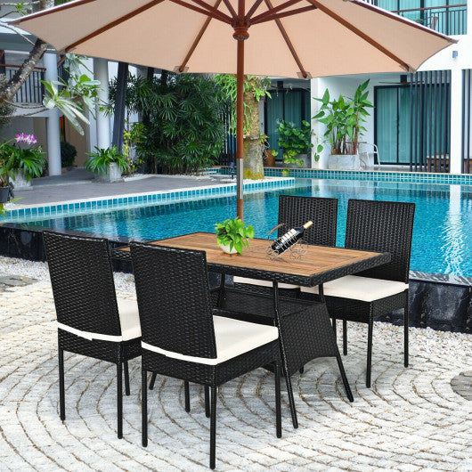 Costway 5 Pieces Patio Rattan Dining Set Table with Wooden Top