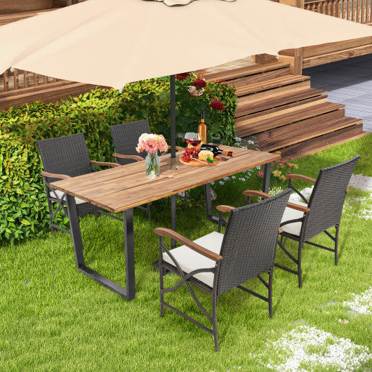 Costway 5 Pieces Patio Rattan Dining Set with Acacia Wood Tabletop and Armrests