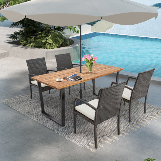 Costway 5 Pieces Patio Rattan Dining Set with Umbrella Hole and Seat Cushions