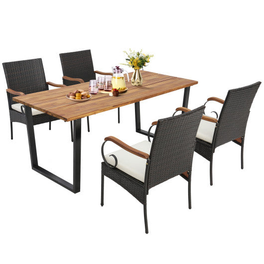 Costway 5 Pieces Patio Rattan Dining Set with Umbrella Hole for Poolside Backyard