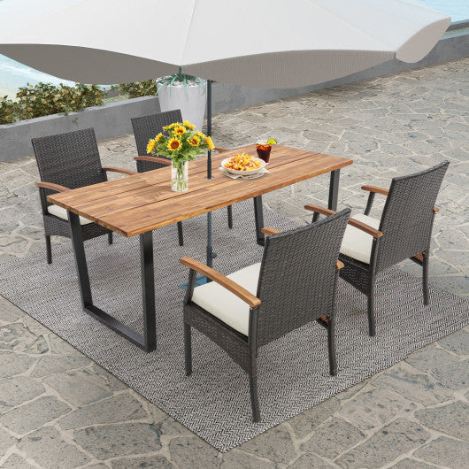 Costway 5 Pieces Patio Wicker Chair and Dining Table Set with 2 Inch Umbrella Hole